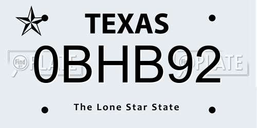0BHB92 Texas License Plate
