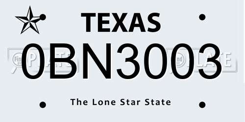 0BN3003 Texas License Plate