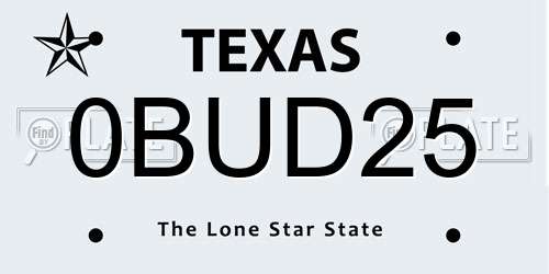 0BUD25 Texas License Plate