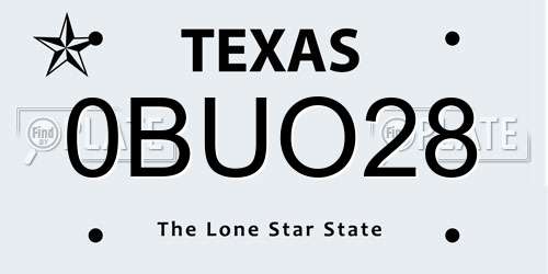 0BUO28 Texas License Plate