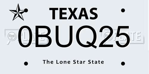 0BUQ25 Texas License Plate