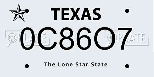 0C86O7 Texas License Plate