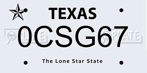 0CSG67 Texas License Plate