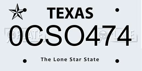 0CSO474 Texas License Plate