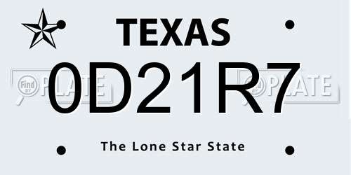 0D21R7 Texas License Plate