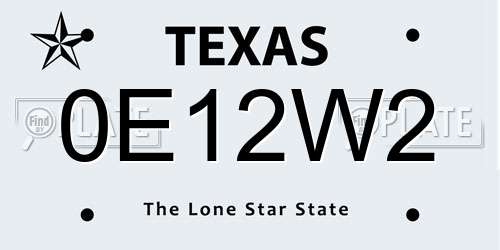 0E12W2 Texas License Plate