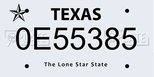 0E55385 Texas License Plate