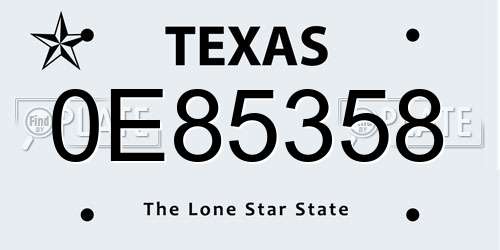 0E85358 Texas License Plate