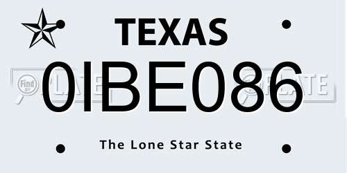 0IBE086 Texas License Plate