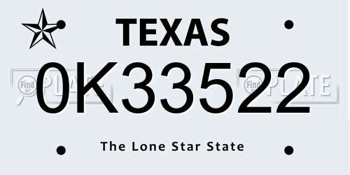 0K33522 Texas License Plate