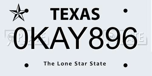 0KAY896 Texas License Plate
