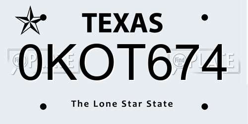 0KOT674 Texas License Plate