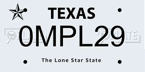 0MPL29 Texas License Plate