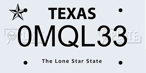 0MQL33 Texas License Plate