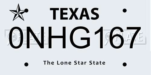 0NHG167 Texas License Plate