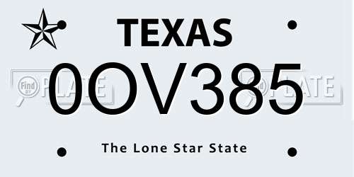 0OV385 Texas License Plate