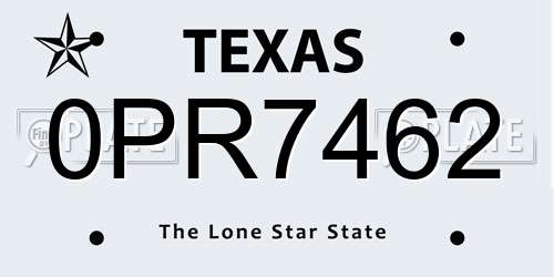 0PR7462 Texas License Plate