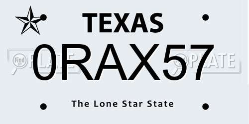 0RAX57 Texas License Plate