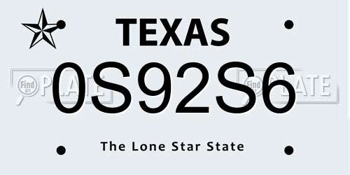 0S92S6 Texas License Plate