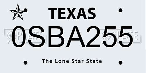 0SBA255 Texas License Plate