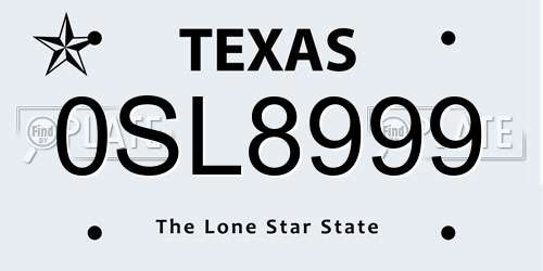 0SL8999 Texas License Plate