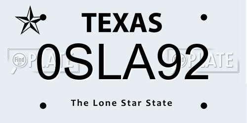 0SLA92 Texas License Plate