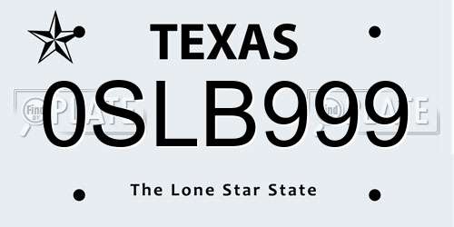 0SLB999 Texas License Plate