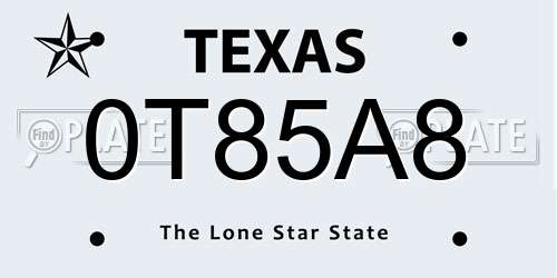 0T85A8 Texas License Plate