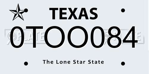 0TOO084 Texas License Plate