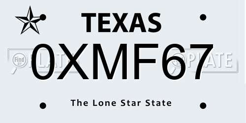 0XMF67 Texas License Plate