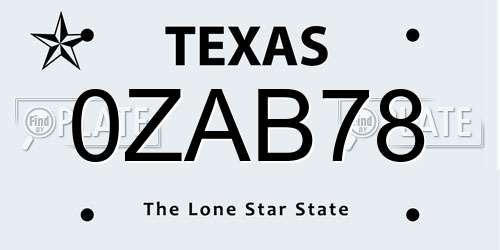0ZAB78 Texas License Plate