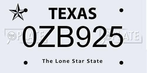 0ZB925 Texas License Plate