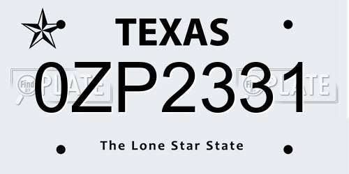 0ZP2331 Texas License Plate