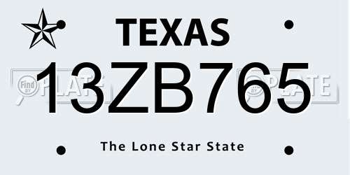 13ZB765 Texas License Plate