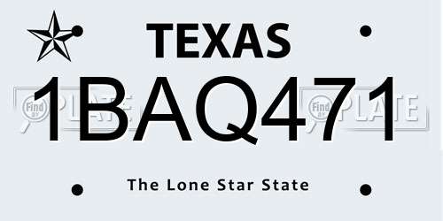 1BAQ471 Texas License Plate