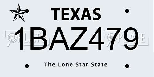 1BAZ479 Texas License Plate