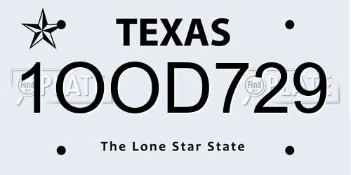 1OOD729 Texas License Plate