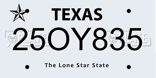 25OY835 Texas License Plate