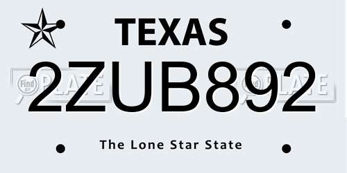 2ZUB892 Texas License Plate