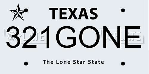 321GONE Texas License Plate