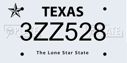 3ZZ528 Texas License Plate