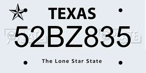 52BZ835 Texas License Plate