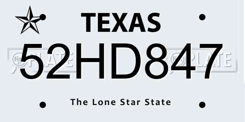 52HD847 Texas License Plate