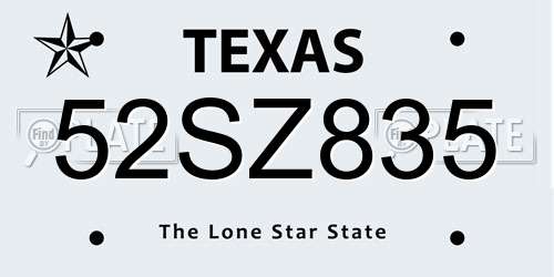 52SZ835 Texas License Plate