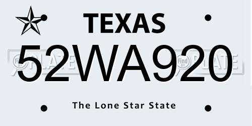 52WA920 Texas License Plate