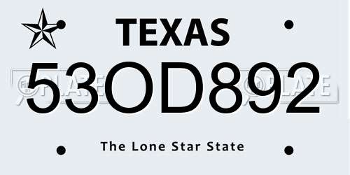 53OD892 Texas License Plate