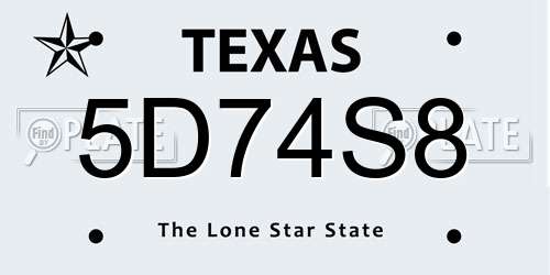 5D74S8 Texas License Plate