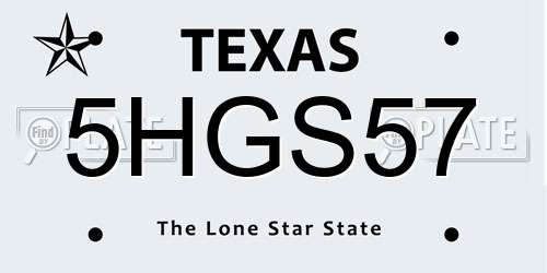 5HGS57 Texas License Plate