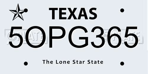 5OPG365 Texas License Plate