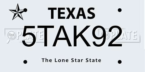 5TAK92 Texas License Plate
